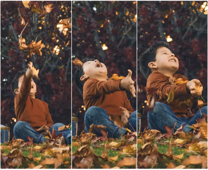 Secuencia de tres fotos de un niño con jersey naranja y vaqueros, sentado sobre una alfombra de hojas caídas en un parque, lanzando las hojas al aire con alegría, con el follaje rojizo del atardecer al fondo